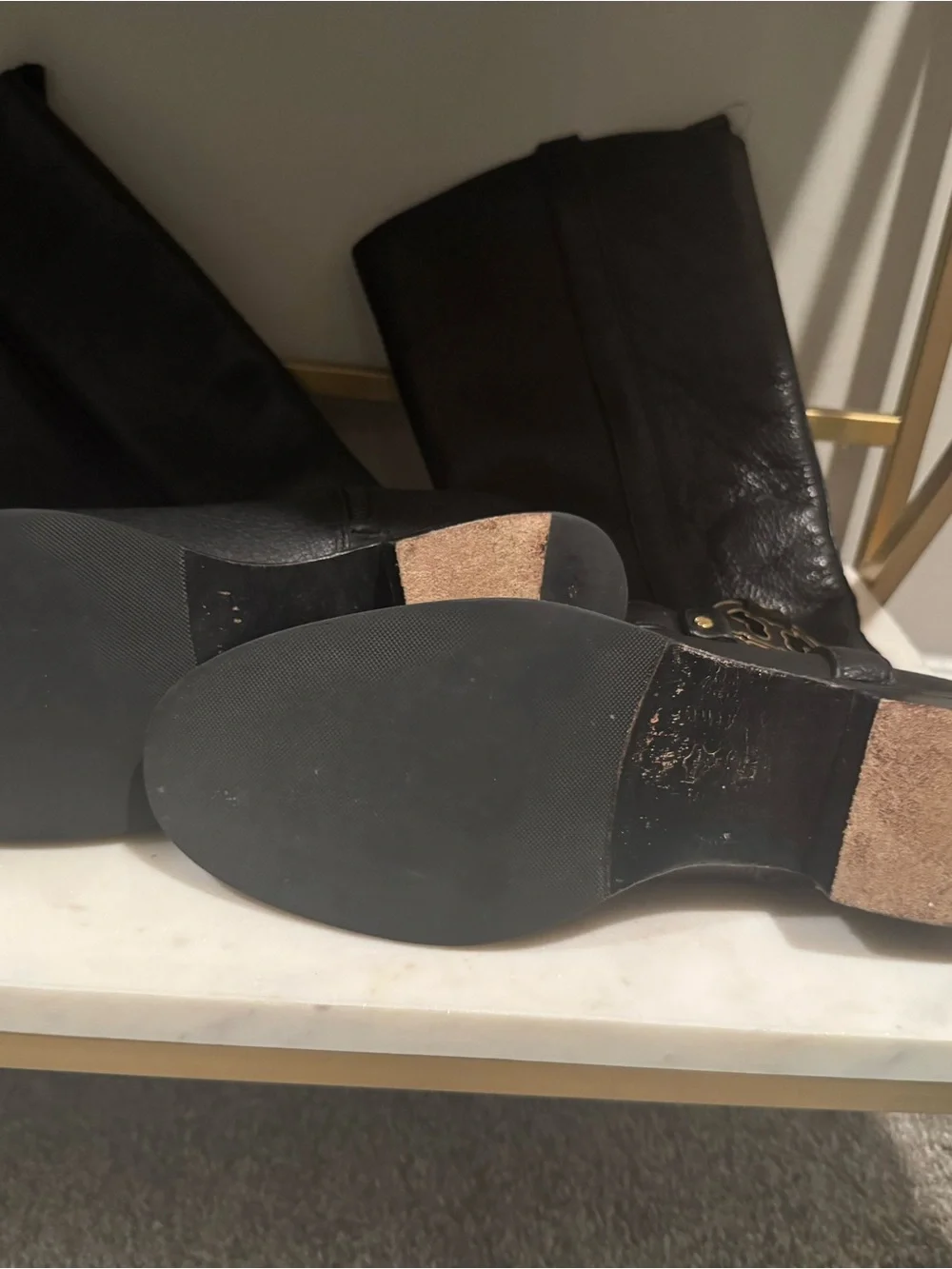 Tory Burch Black Leather Over-the-Knee Logo Strap Boots